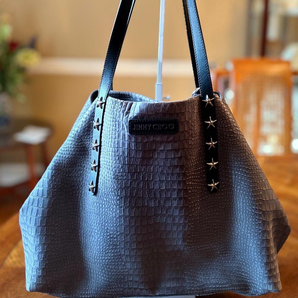 AUTH JIMMY CHOO - PIMLICO SLATE CROCODILE PRINTED NUBUCK LEATHER STAR TRIM